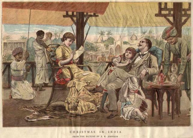 около 1900: Британско семейство празнува Коледа в Индия.