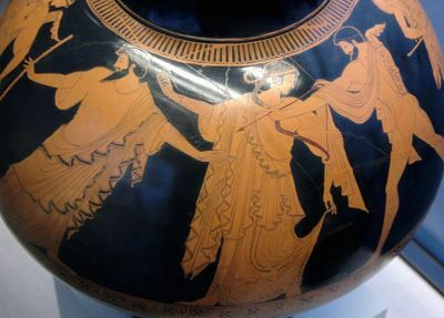 Идас и Марпеса са разделени от Зевс. Тавански червенофигурен психтер, c. 480 г. пр. Н. Е., От Пан художника.