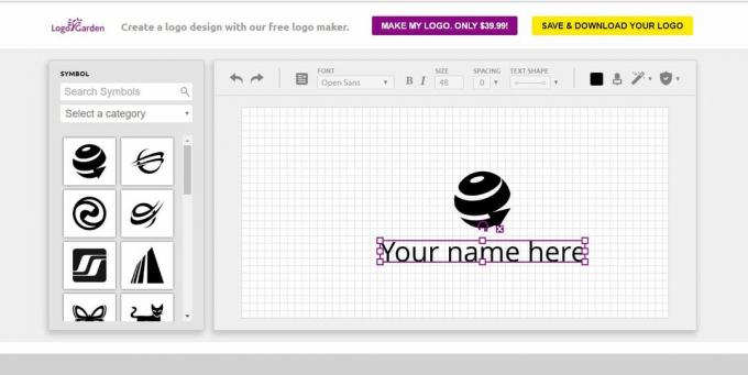 Снимка на екрана на дизайнерското пространство за създаване на лого LogoGarden