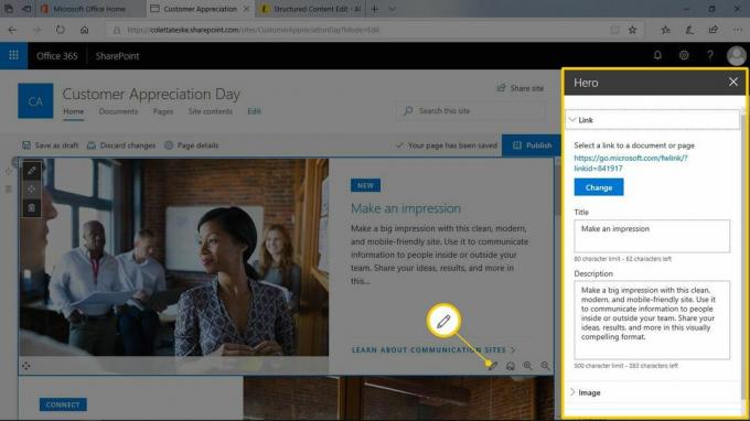 Икона на молив и панел Hero на страницата за създаване на Sharepoint