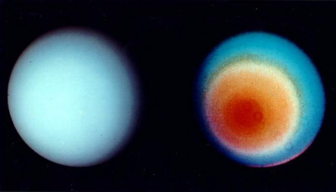 Две гледки към Уран от Вояджър 2.