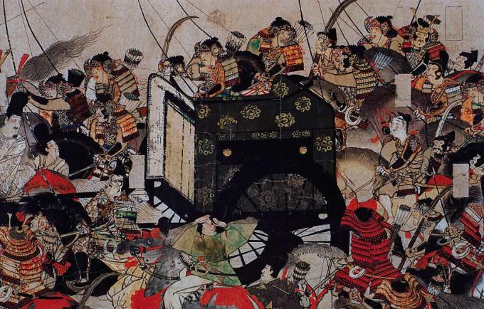 Детайл за самураите, предпазващи кралска карета от картина с превъртане.