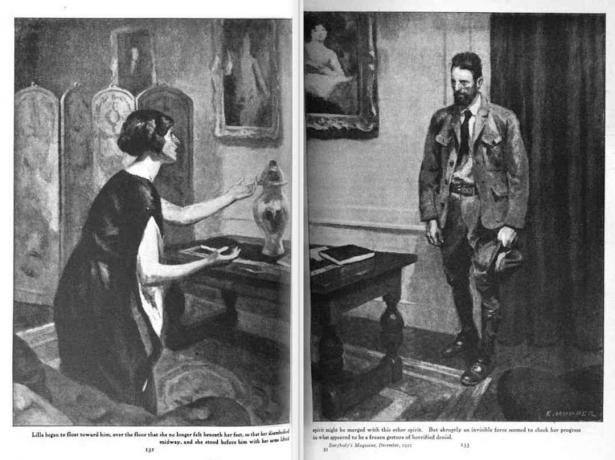 Черно-бяла илюстрация на коленичила жена и войник с наведена глава.