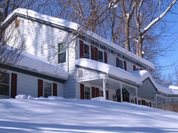 Белият колониал на собственика на дома се губи в белия сняг