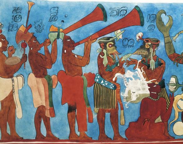 Бонампак стая 1 Източна стена, шествие на музиканти (Долен регистър) (реконструкция)