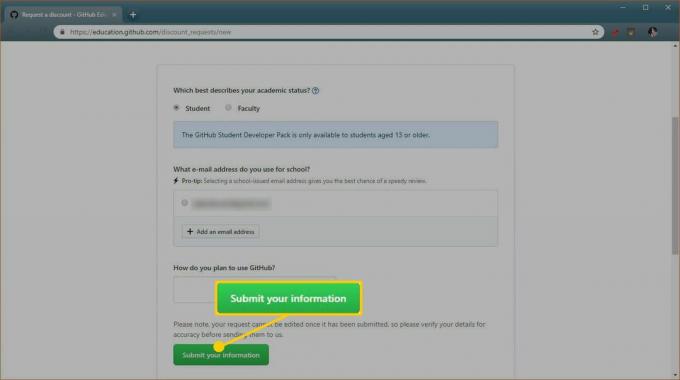 Екранна снимка на формуляра за заявка за студентски обезщетения GitHub.