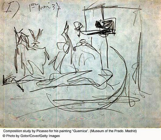 Скица на Пикасо за неговата живопис Герника