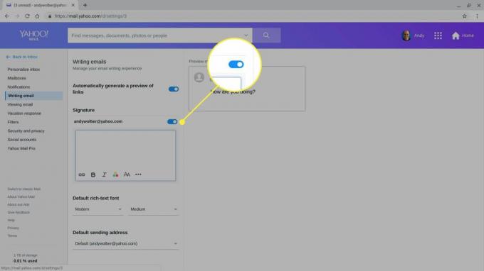 Плъзгачът за подпис в Yahoo Mail