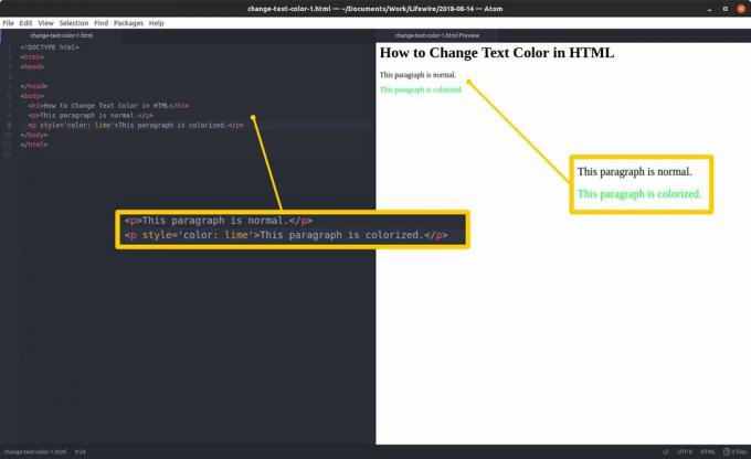 Редактор на код с HTML и маркирани секции вляво и HTML визуализация и маркирани резултати вдясно