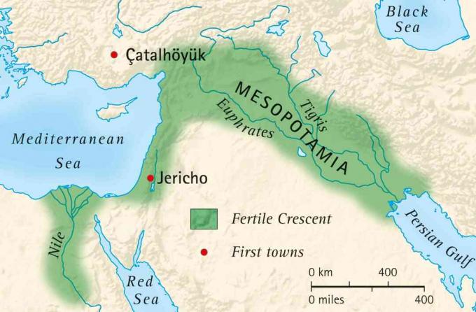 Карта на плодородния полумесец на Месопотамия и Египет и местоположение на първите градове
