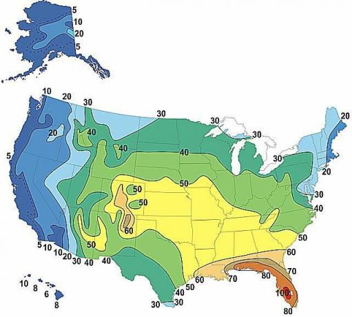 Карта, показваща средния брой дни на гръмотевични бури всяка година в САЩ (2010)