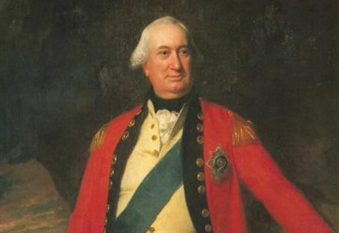 Генерал-лейтенант Чарлз Корнуолис, стоящ в червена униформа на британската армия.