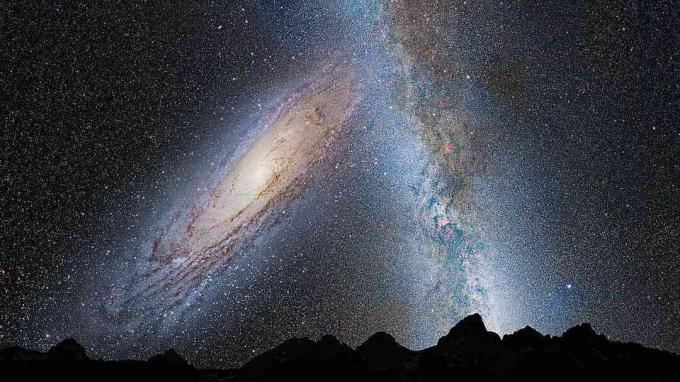 Андромеда и Млечният път се сблъскват, както се вижда от повърхността на планета вътре в нашата галактика.