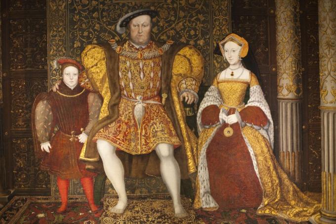 Крал Хенри VIII, Джейн Сиймор и принц Едуард рисуват в Голямата зала в двореца Хамптън Корт в Лондон