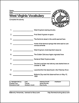 Работен лист на лексиката в Западна Вирджиния.
