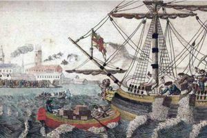 Картина на Бостънското чаено парти, показващо хората, които изхвърлят чай в пристанището на Бостън.