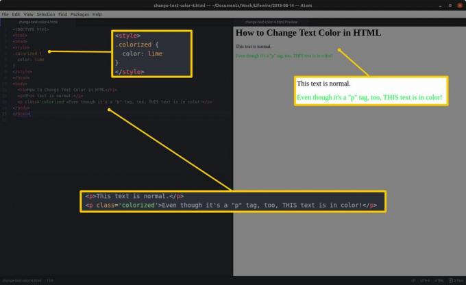 Редактор на код с HTML и маркирани секции вляво и HTML визуализация и маркирани резултати вдясно