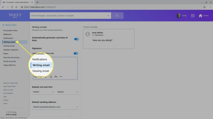 Заглавието „Писане на имейл“ в настройките на Yahoo Mail