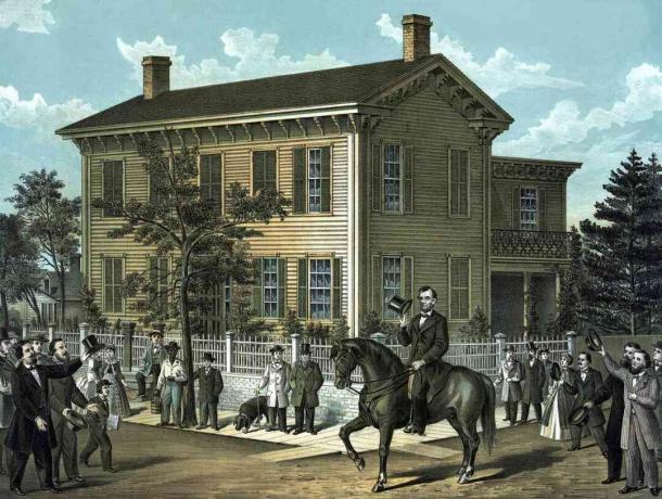 Гражданска война отпечатък на Ейбрахам Линкълн, яздещ на кон, като тълпа развесели