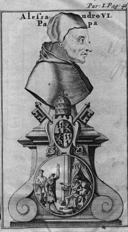 Илюстриран портриат на Александър VI на пиедестал.