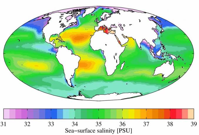 Средна годишна соленост на морската повърхност от Световния атлас на океана от 2009 г. Солеността е посочена в практическите единици за соленост (PSU).