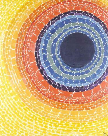 Концентричен кръг Абстракция с жълти външни слоеве, оранжеви, лилави и сини вътрешни кръгове