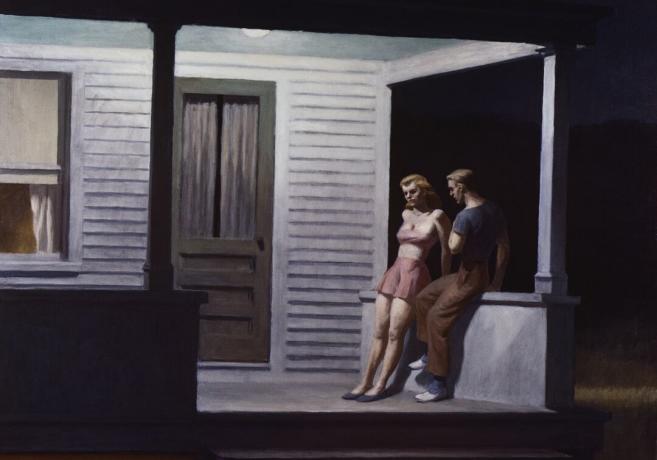 Млад мъж и жена тъжно се спускат под верандата на селска къща в тъмна нощ