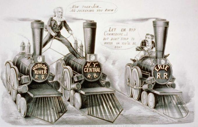 Илюстрация на Корнелий Вандербилт и Джим Фиск, които се състезават за контрол на железопътните пътища.