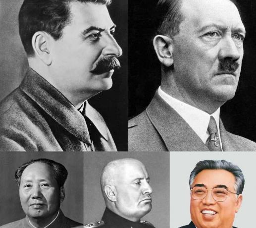 Колаж от тоталитарни лидери (всеки ред - отляво надясно) Йосиф Сталин, Адолф Хитлер, Мао Дзедун, Бенито Мусолини и Ким Ир Сен.