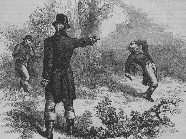 Вицепрезидентът Арън Бър убива бившия министър на финансите Александър Хамилтън в дуел на 11 юли 1804 г.