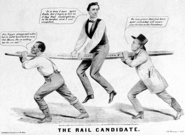 Линкълн се представя като кандидат за железопътен транспорт в политическа карикатура.