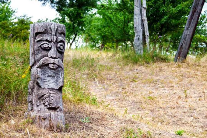 Дървен идол на славянски бог Перун по пътека в украинска гора.
