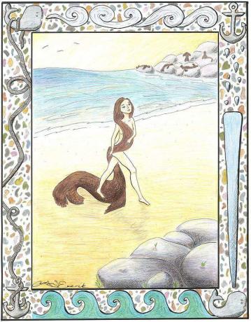 Селска жена излиза от морето и сваля кожата на тюлена.