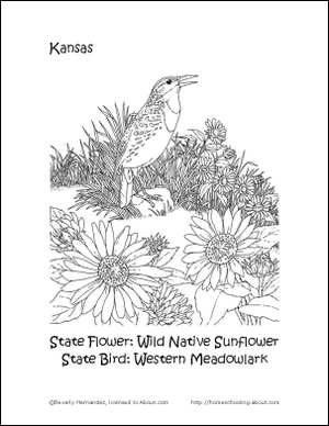 Страница за оцветяване на цветя и държавни птици в Канзас