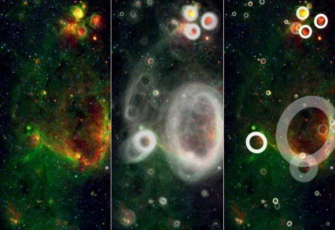 Горещи млади звезди, изпращащи разширяващи се мехурчета през междузвездната среда.
