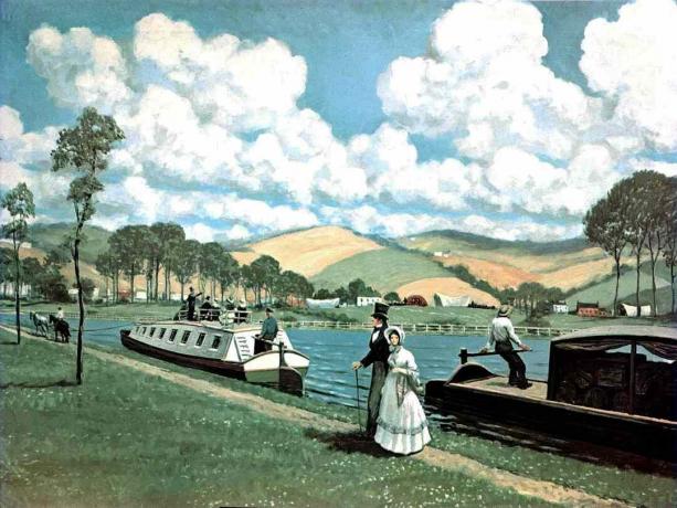 Цветна картина на Eerie Canal през 1825 г. с пътници на лодки и покрити вагони в далечината.