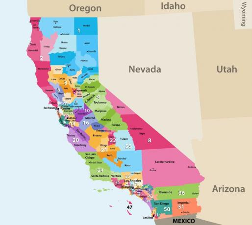 Карта на 53 -те окръга на САЩ в Калифорния.